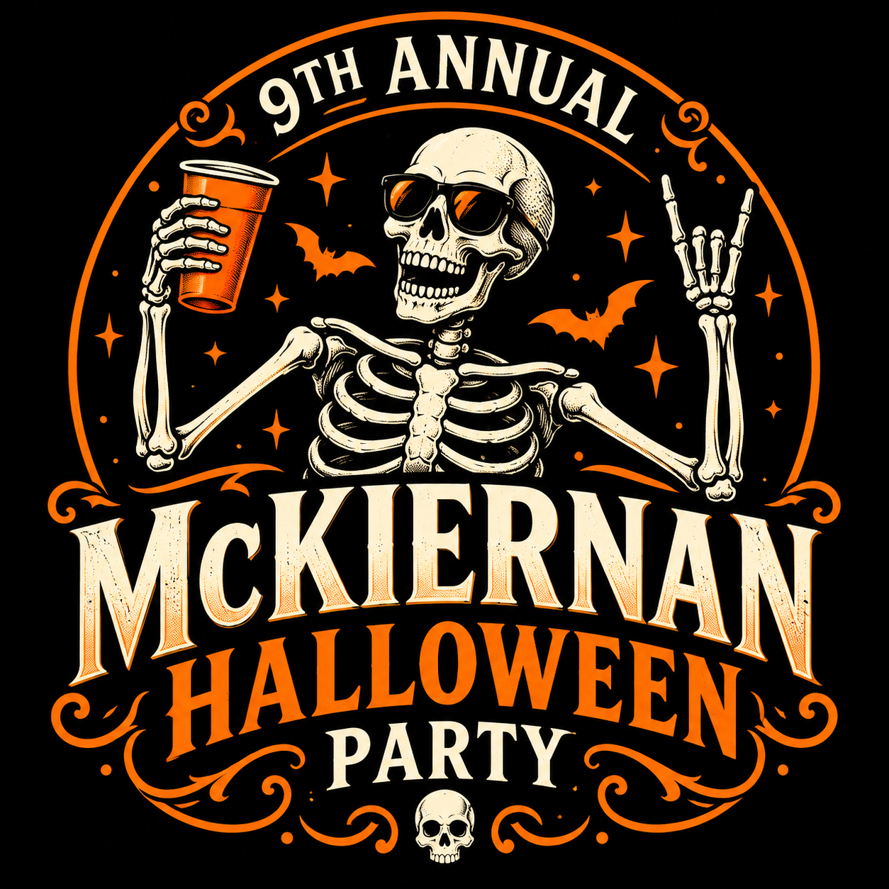 9th Annual McKiernan Halloween Party — vintage skeleton emblem